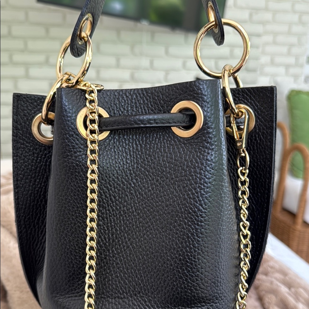 Chic Black Leather Drawstring Bucket Purse - image 3